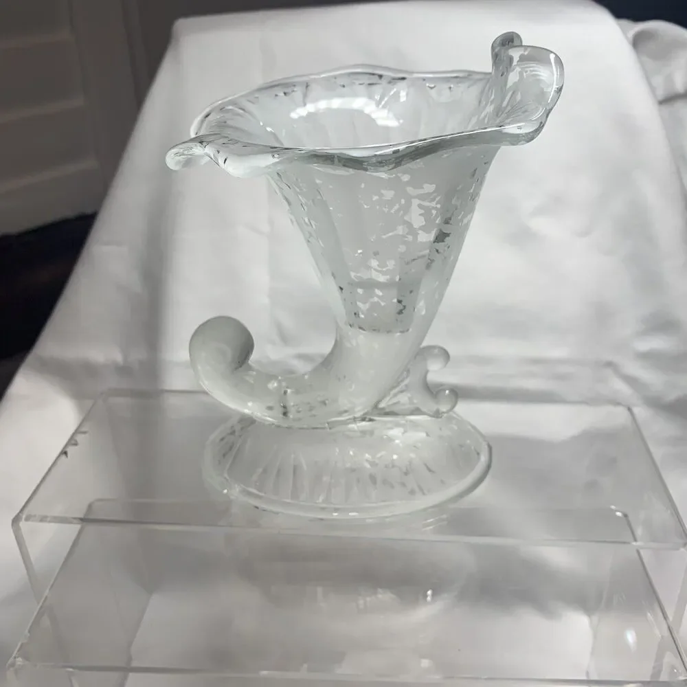 Fenton San Toy Crystal Pair Cornucopias Candle Holders Frosted Etching VTG